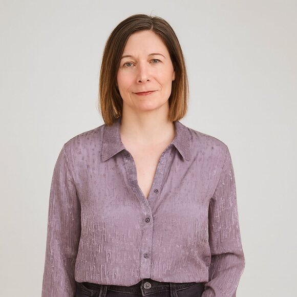 New York & Company Tops - New York & Co Sheer Silk Blend Button-Up Blouse Long Sleeves Purple Gray Large